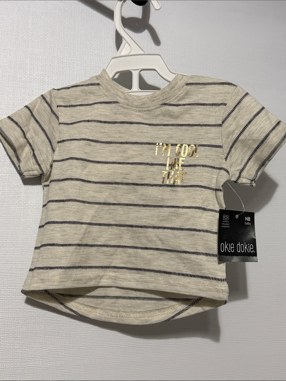 okie dokie Cream & Navy Striped Tee with Gold Script